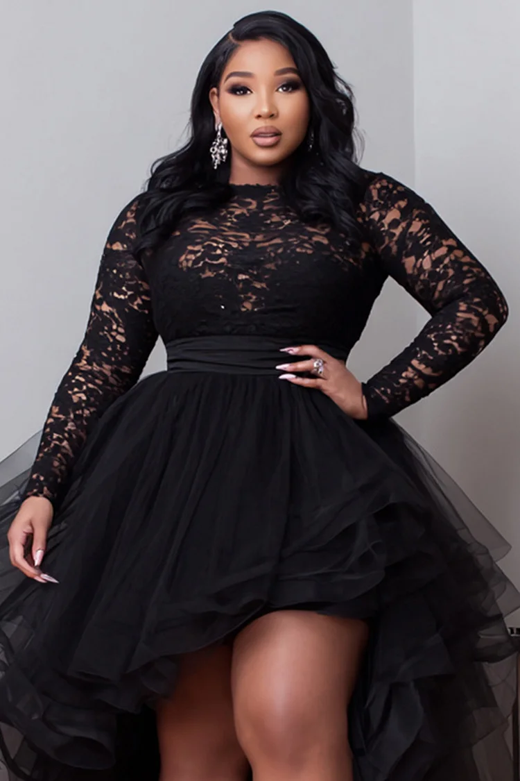 Xpluswear Design Plus Size Cocktail Party Black Round Neck Long Sleeve High Low Hem Elegant Ruffle Tulle Lace Mini Dresses [Pre-Order]