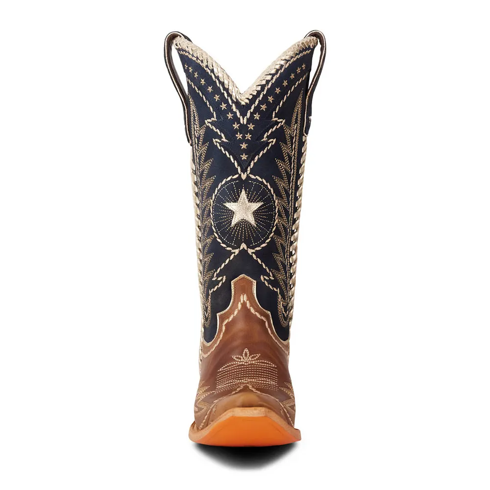 Brown & Navy Stars Chunky Heel Embroidered Western Boots for Women