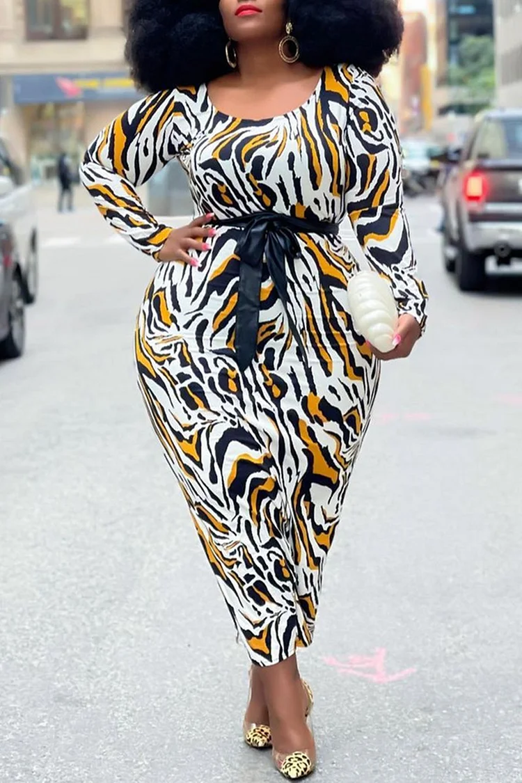 Multicolor Fashion Casual Print Basic O Neck Long Sleeve Plus Size Dresses