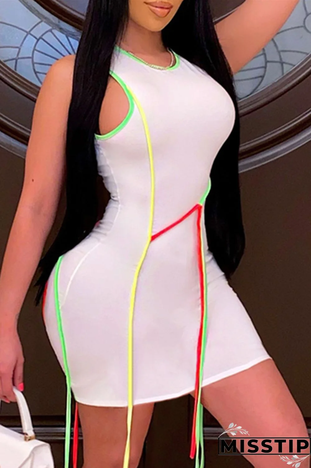 White Fashion Sexy Solid Patchwork O Neck Vest Dress