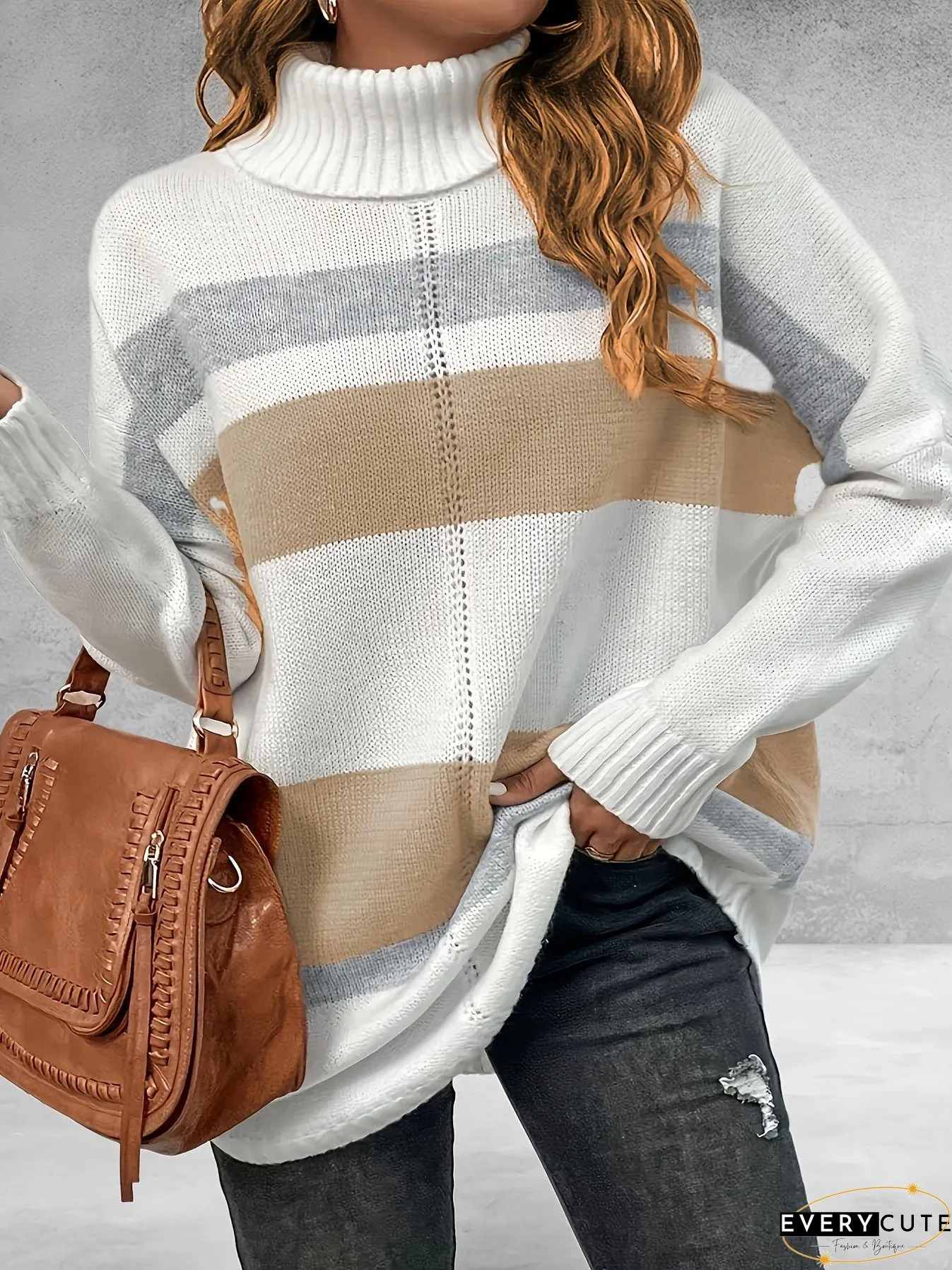 Plus Size Casual Sweater, Women's Plus Colorblock Long Sleeve Turtle Neck Slight Stretch Sweater