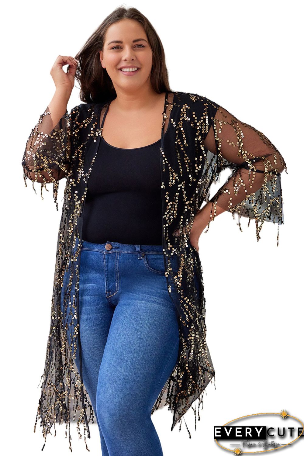 Black 3/4 Bell Sleeve Sequin Sheer Kimono