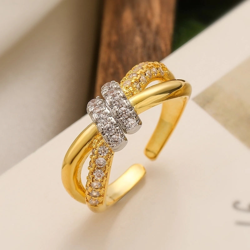 Copper 18K Gold Plated Retro Sweet Inlay Geometric Zircon Open Rings