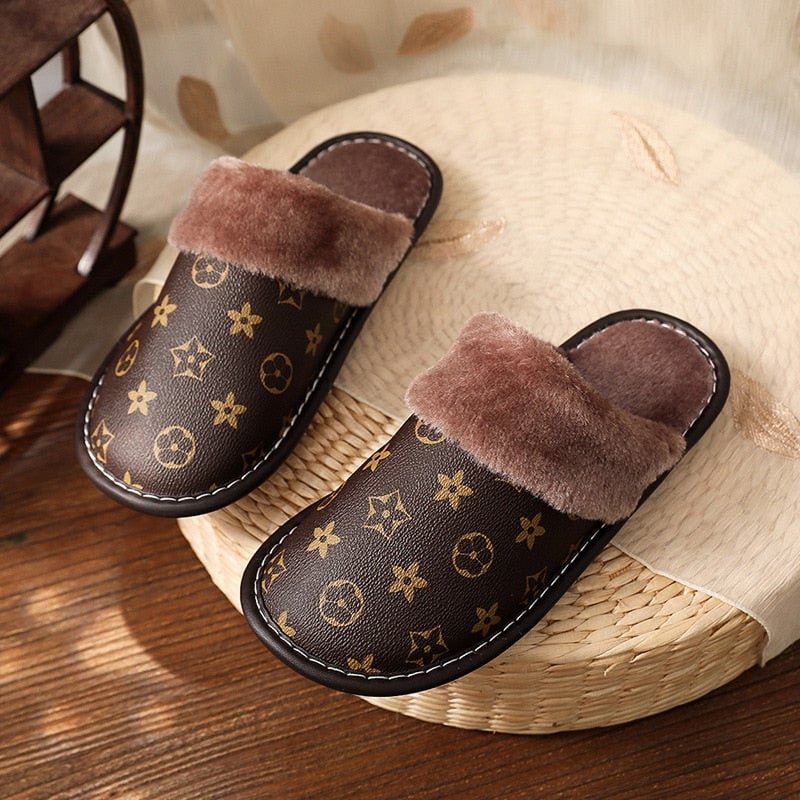 Waterproof Leather Slippers Men Indoor Shoes Home Slippers Soft Bottom Footwear Non-Slip Winter Warm Plush Cotton Women Slippers