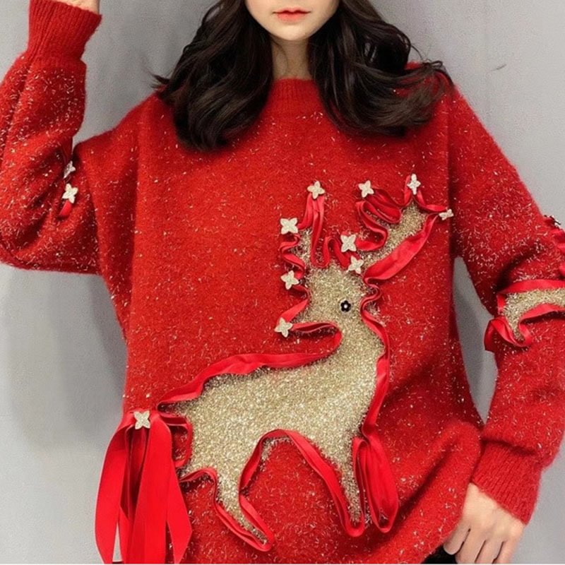 Christmas Elk Bright Silk Loose Red Thick Knit Sweater