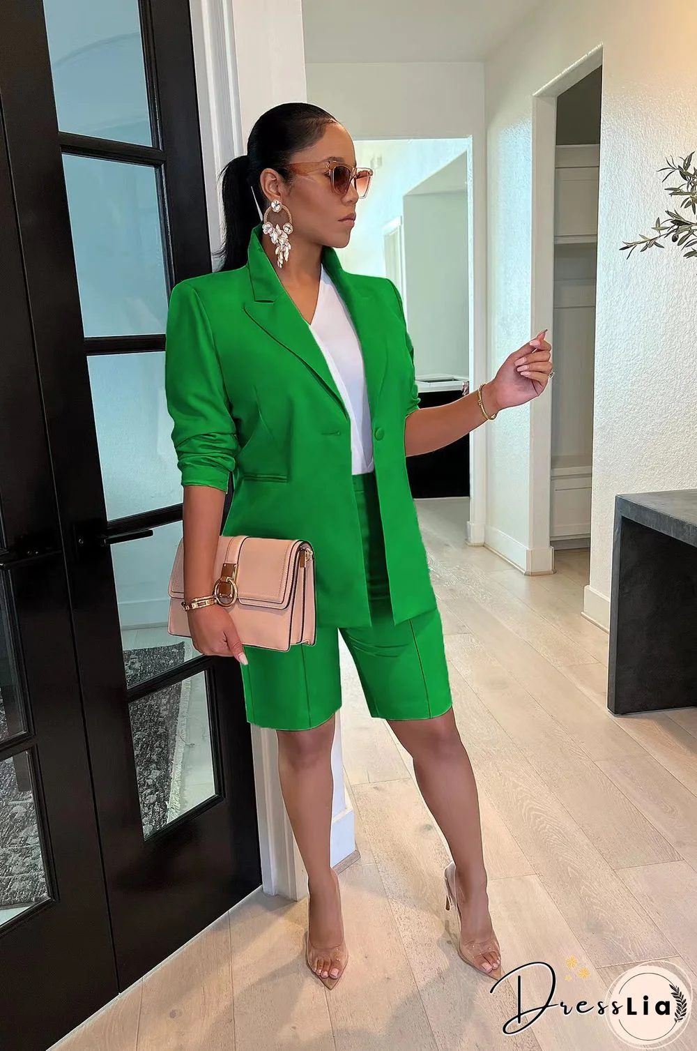 Solid Color Office Lady Blazer Two Piece Shorts Suit