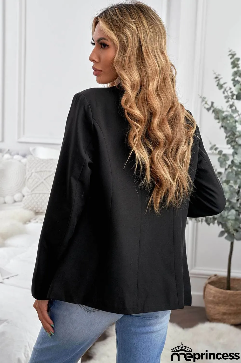 Black Lapel Collar Button Pocket Blazer