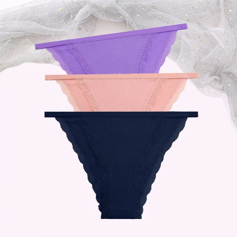 FINETOO Women's Cotton Panties 3Pcs/set Lace Briefs S-XL Comfortable Underwear Ladies Cotton Underpants Soft Panty Intimates New