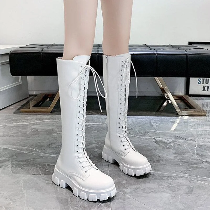 Knee-high Long Motorcycle Boots Autumn Winter Ladies Shoes Platform Thick Heel Lace-up Zipper British Style Women's Knight Boots