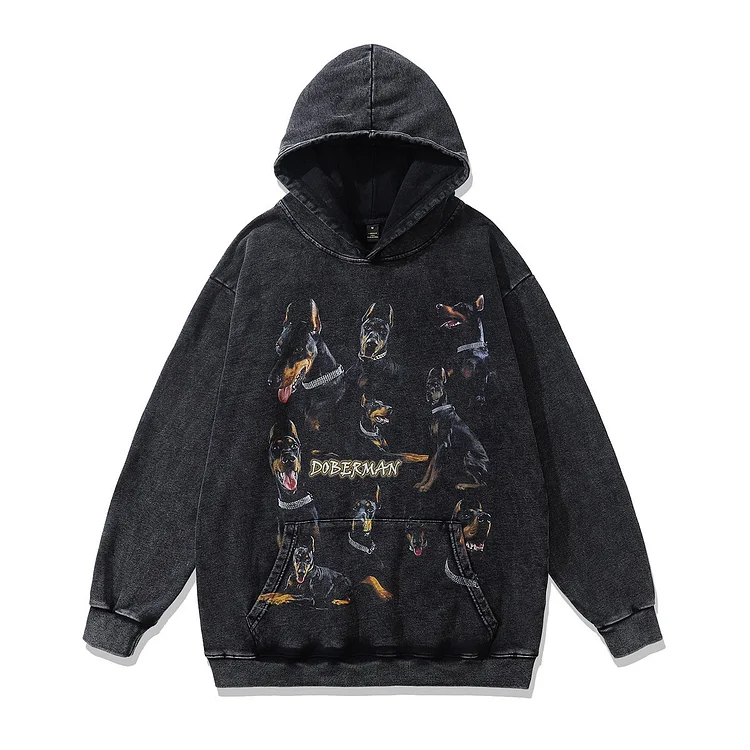 Washed Distressed Retro Street Loose Doberman Dog Graphic Hoodie Animal Hoodie at Hiphopee