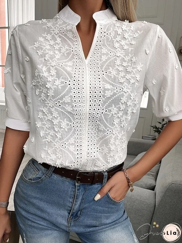 Shirt Blouse White Eyelet Tops White Floral Plain Embroidered Cut Out Short Sleeve Office Work Streetwear Casual Standing Collar Regular S for Women