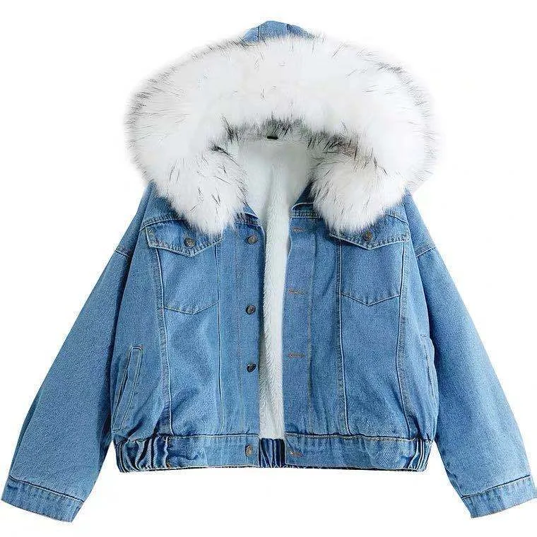 Fashion Women Short Denim Jacket Autumn Winter Plush Warm Fluffy Fur Collar Hooded Bomber Jeans Jackets Women Coat High Quality