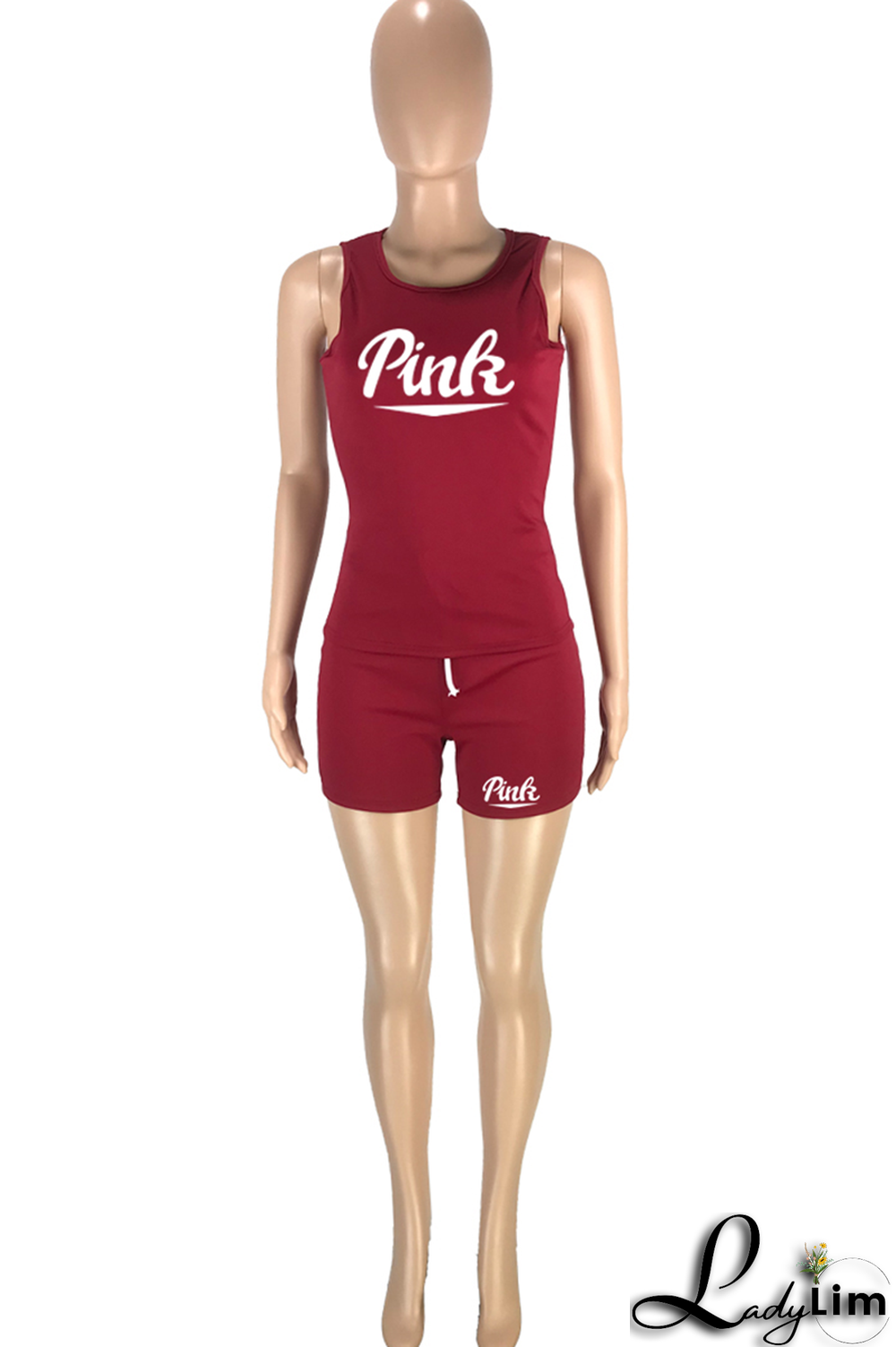 Burgundy Fashion Print Patchwork U Neck Sleeveless Two Pieces