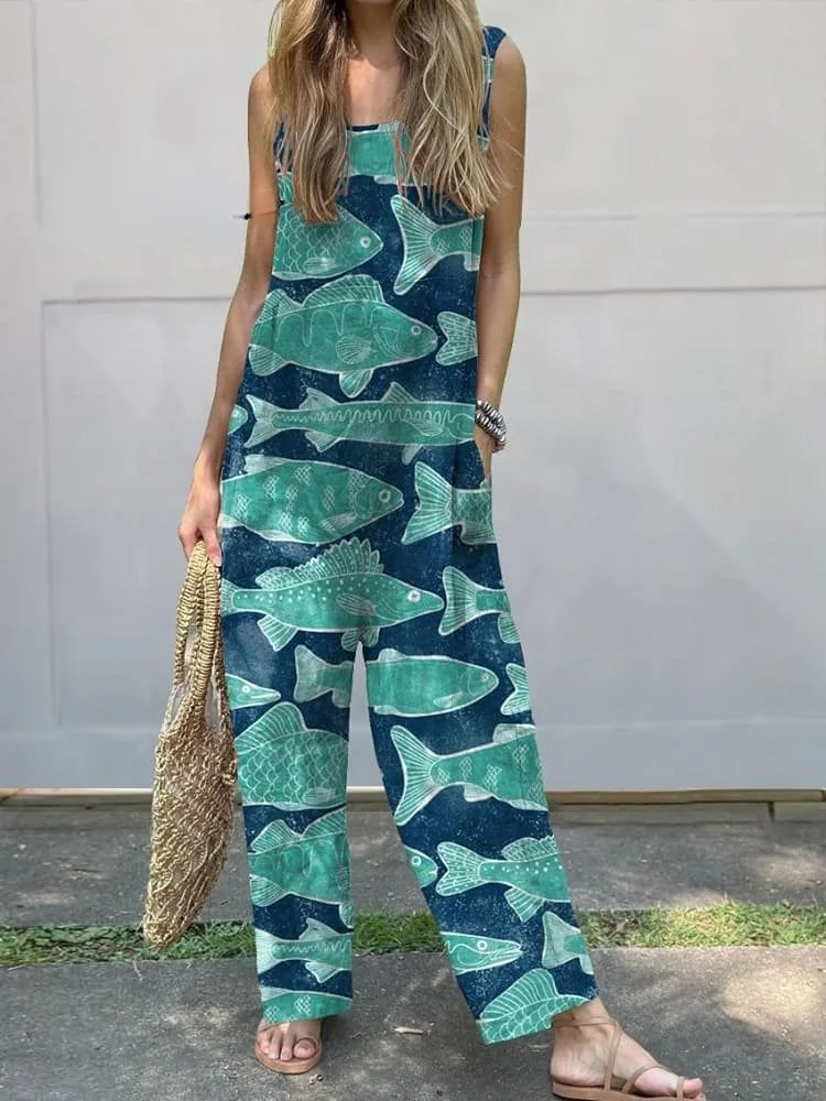 Women's Vintage Lovely Fish Art Print Casual 100% Cotton Wide Leg Jumpsuit