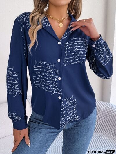Letter Printed Button Up Long Sleeve Blouse