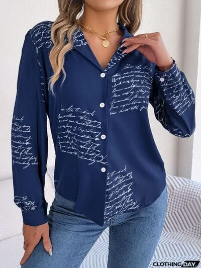 Letter Printed Button Up Long Sleeve Blouse