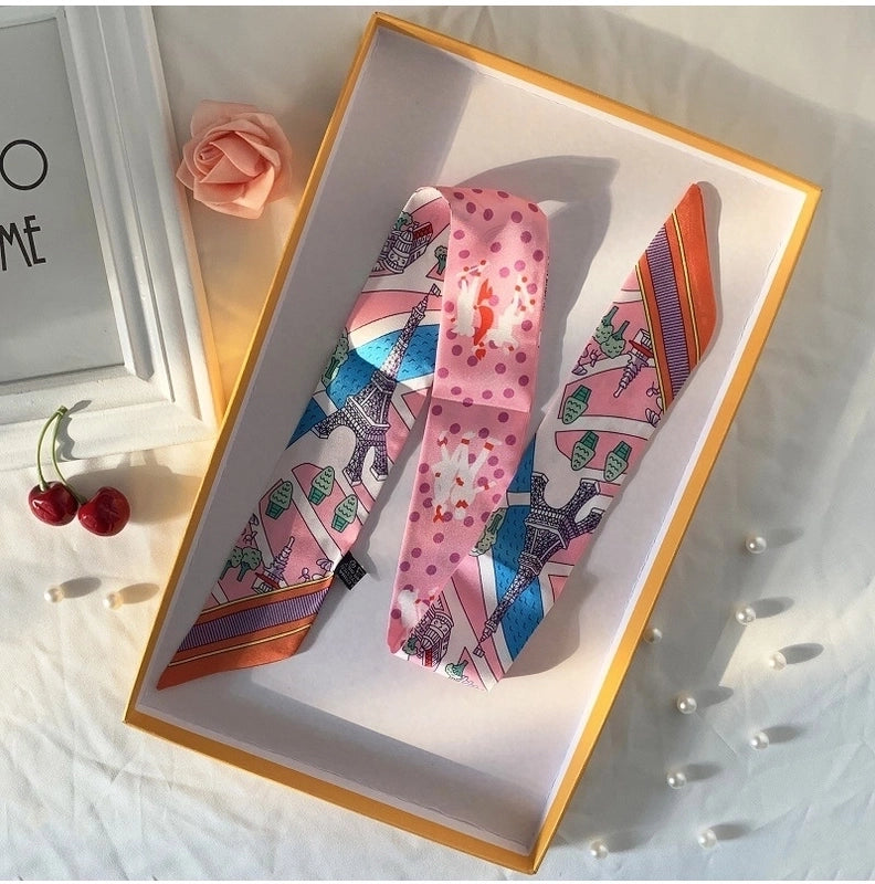 Women’s Minimalist Classic Style Color Block Satin Printing Silk Scarf