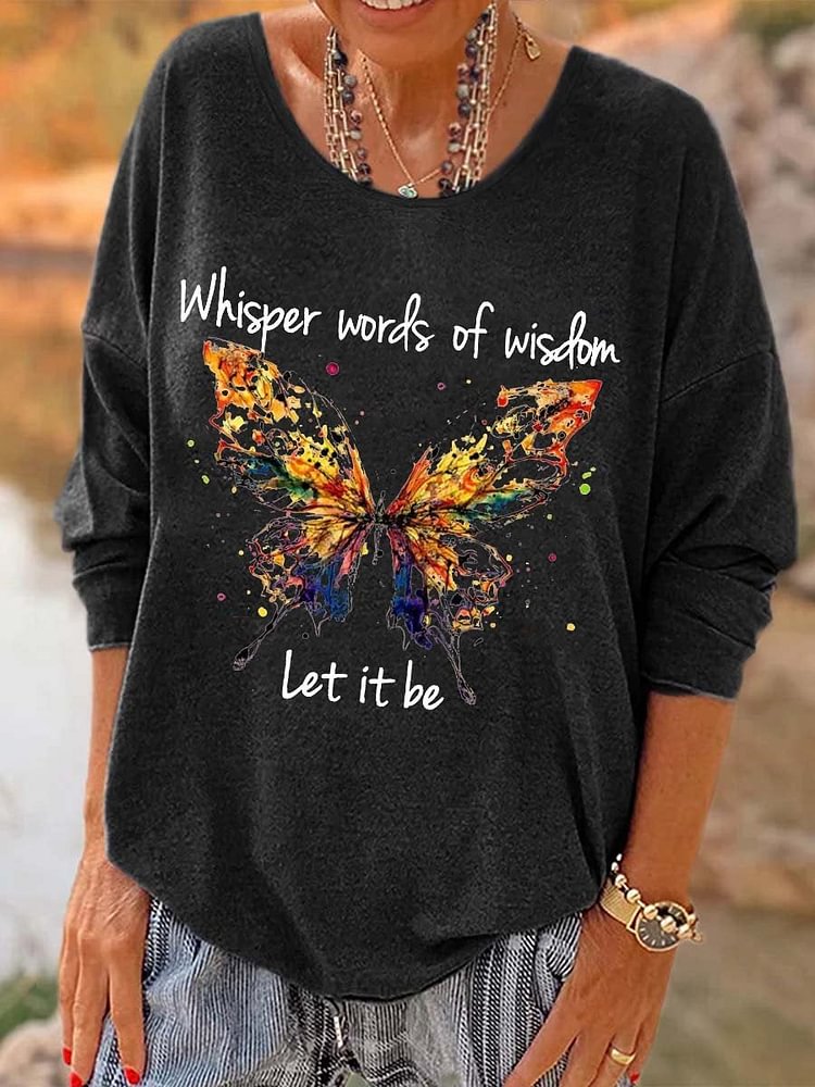 Women Hippie Dragonfly Whisper Words Of Wisdom Let It Be Printed Long Sleeve T-Shirt