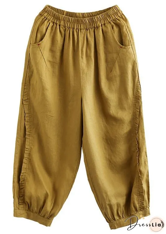 Loose Yellow Ruffled Pockets High Waist Linen Crop Pants Summer