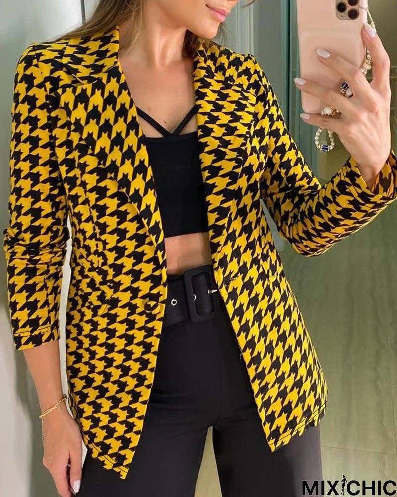 Long Sleeve Hounds Tooth Print Buttoned Blazer Coat