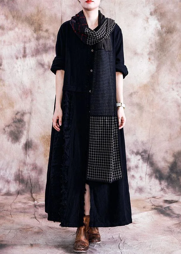 Elegant black cotton overcoat oversize trench coats fall linen outwear patchwork