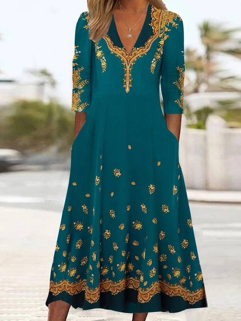 Women's Long Sleeve V-neck Graphic Floral Printed Midi Dress