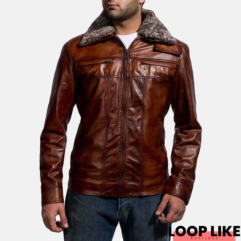 Evan Hart Fur Brown Leather Sheepskin Burnishing Quilted Viscose Lining Zipper Jacket