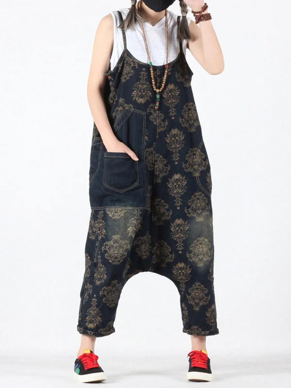 Viviana Vintage Floral Prints Overall Dungarees with Pockets