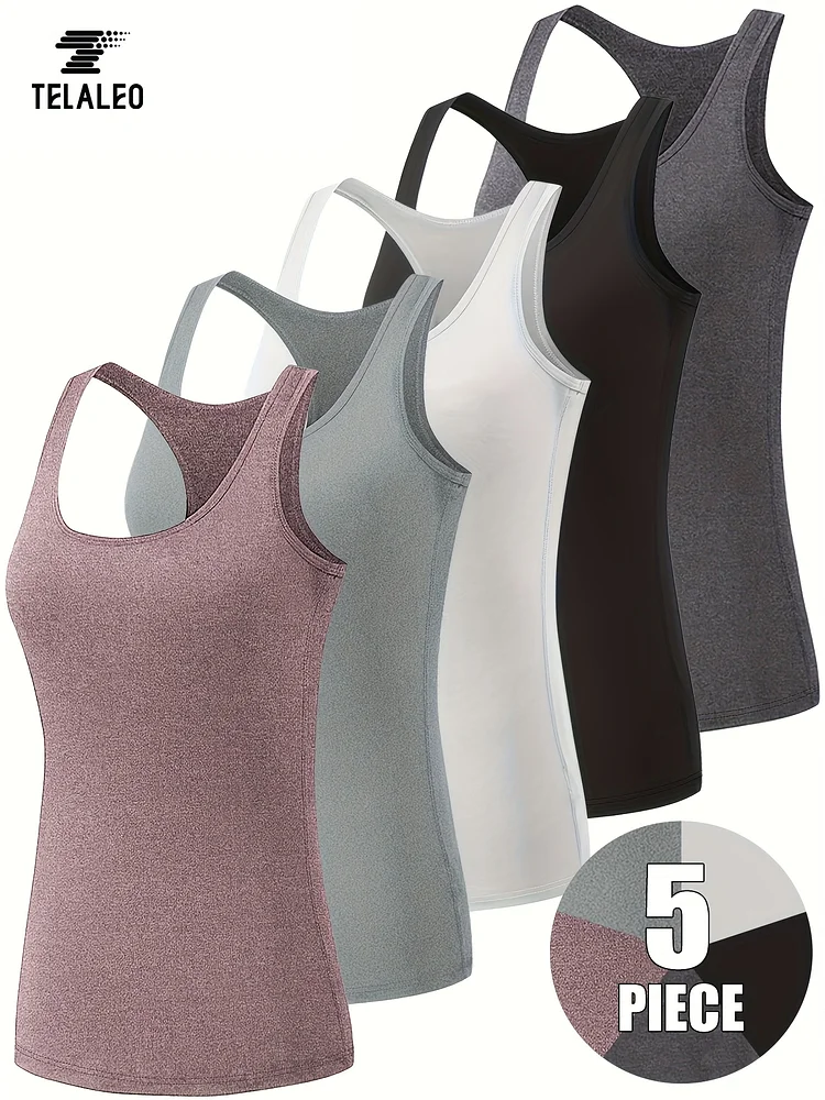 5-Pack Polyester & Spandex Tank Tops, Telaleo Women's Athletic Crew Neck Sleeveless Shirts With Slight Stretch, Solid Color Sports Tanks For Yoga Fitness Running, Breathable & Moisture-Wicking Knit Fabric, No Padding, All Season Wear