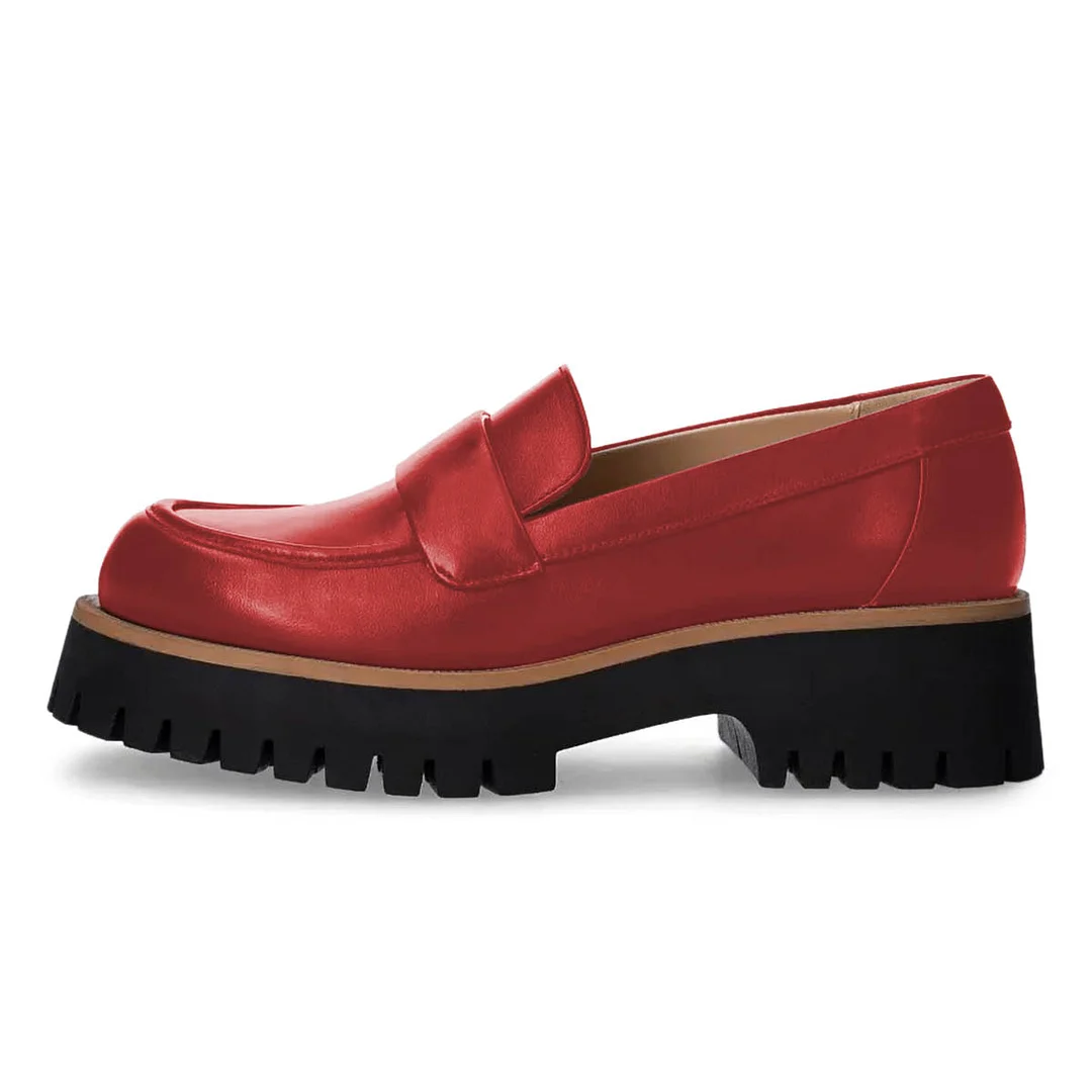 Classic Red Vegan Leather Round Toe Lug Sole Chunky Loafers