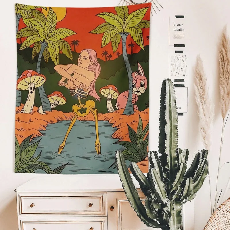 Psychedelic Skull Tapestry Wall Hanging mushroom girl rabbit sun Tapestries Human Skeleton Home Decor Accessories Room Dorm
