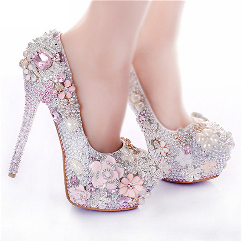 Luxury rhinestone pearls crystal flowers decor light pink stiletto pumps for wedding party banquet
