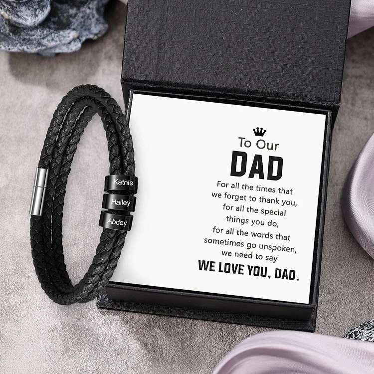 Personalised Men's Leather Bracelet Custom 3 Names Braided Bracelet Multi-Layered Bracelet Gift for Dad
