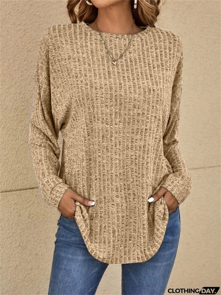 Autumn Knitted Round Neck Ribbed Long Sleeve Loose Tops