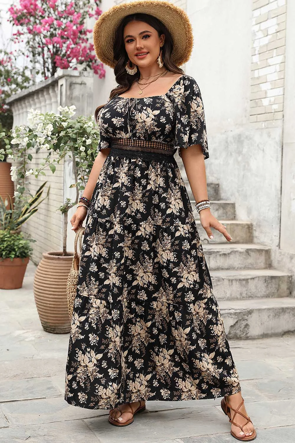Plus Size Lace Flutter Sleeve Maxi Dress Plus Size Vacation Black Floral Print Square Neck Flutter Sleeve Plus Size Lace Flutter Sleeve Maxi Dress Plus Size Vacation Black Floral Print Square Neck Flutter Sleeve