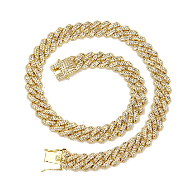 Hip-hop Style Men's And Women's Full Diamond Double-row Diamond Necklace 14mm Wide Diamond Cuban Chain Trend Accessories Necklace