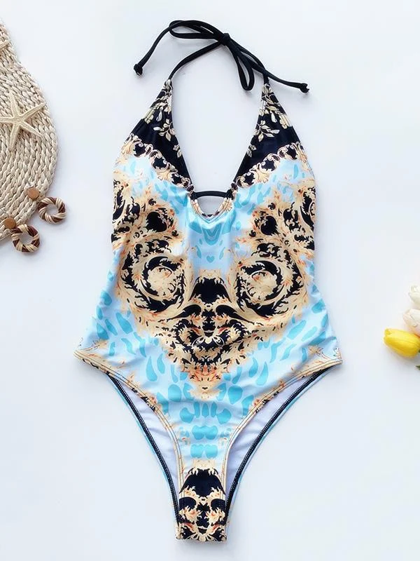 Vintage Print V-Neck Halterneck One-Piece Swimwear