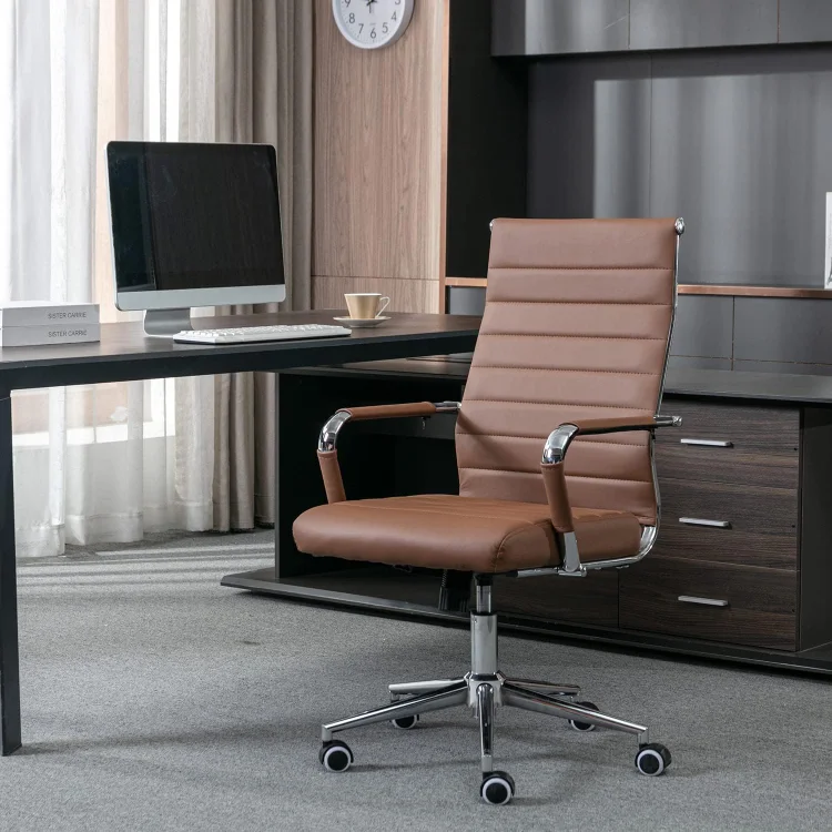 Office Desk Chair, Ergonomic Leather Modern Conference Room Chairs, Executive Ribbed Height Adjustable Swivel Rolling Chair for Home Office. (Brown)