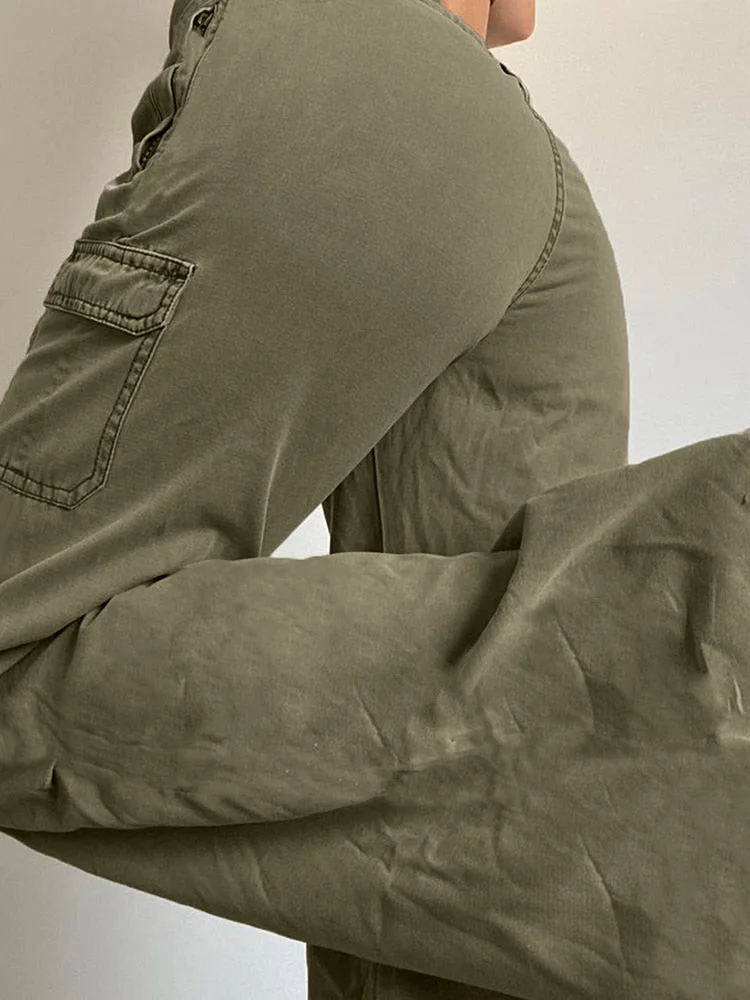 Rapcopter y2k Green Cargo Pants Tie Up Ruched Trousers Women Retro Baggy Low Waisted Sweatpants Pockets Harajuku Joggers 2022