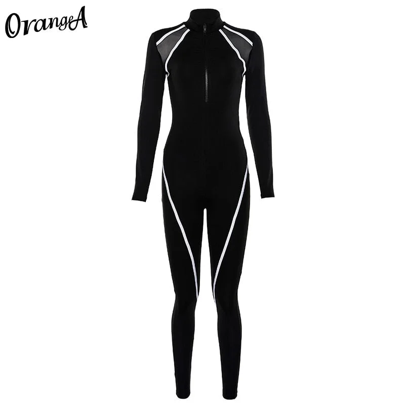 OrangeA Long Sleeve Women Jumpsuits Mesh Striped Patchwork Sporty Workout Active Wear Zipper Fitness Streetwear Skinny Outfits