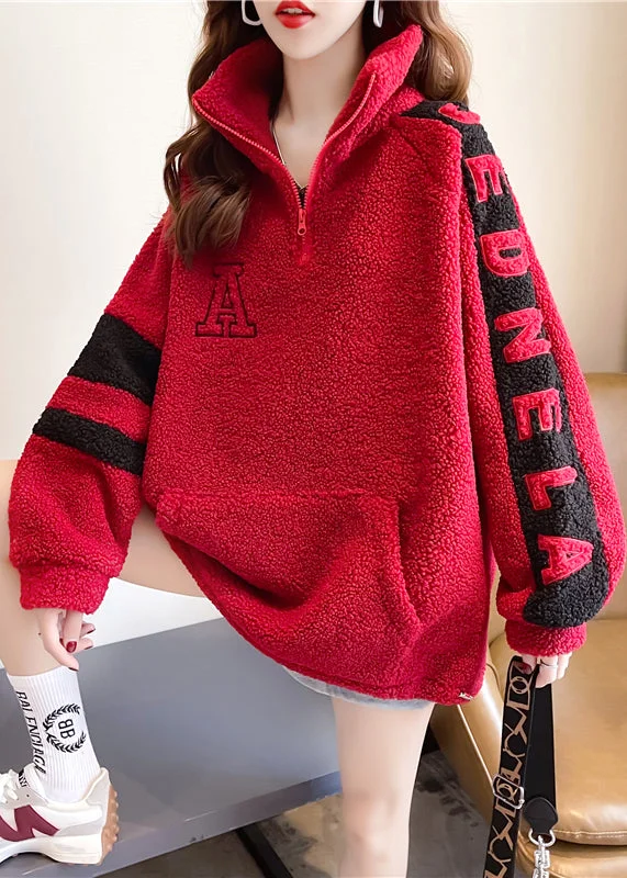 Handmade Red Stand Collar Pockets Patchwork Graphic Embroideried Zippered Faux Fur Sweatshirts Winter
