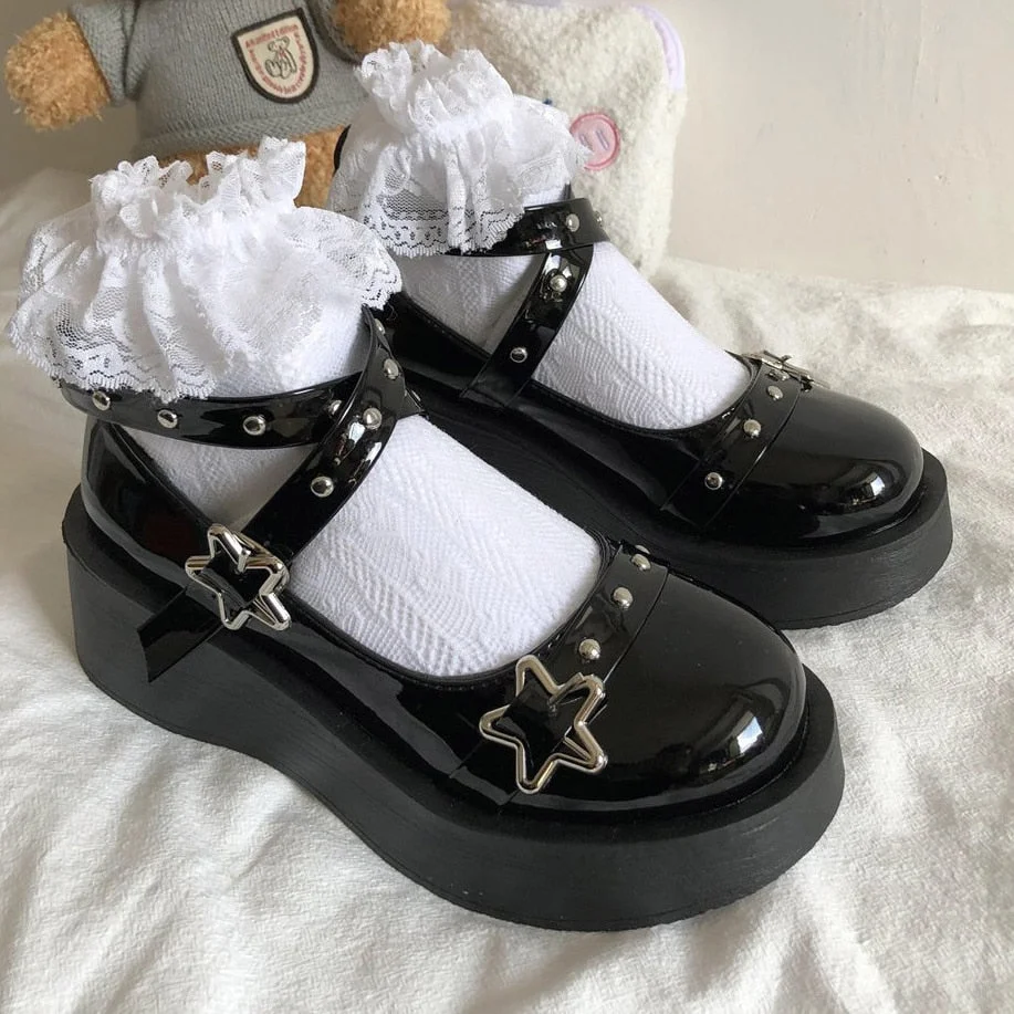 Japanese Lolita Shoes Star Buckle Strap Mary Janes Women Cross-tied Platform Shoe Patent Leather Girls Rivet Casual Shoes
