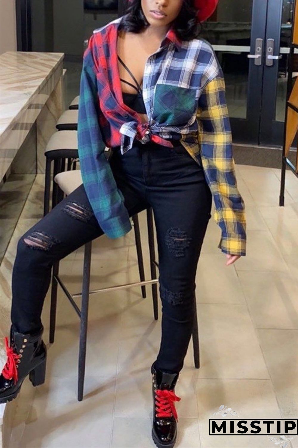 multicolor Fashion Casual Blends Plaid Patchwork Print Patchwork Buttons Cardigan Shirt Collar Tops