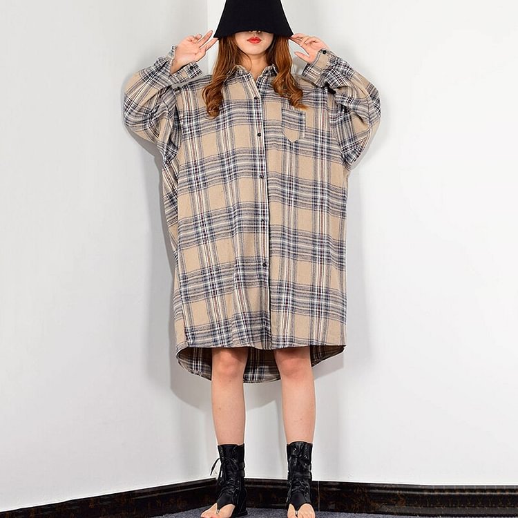 Casual Loose Lapel Plaid Single-breasted Long Sleeve Shirt     