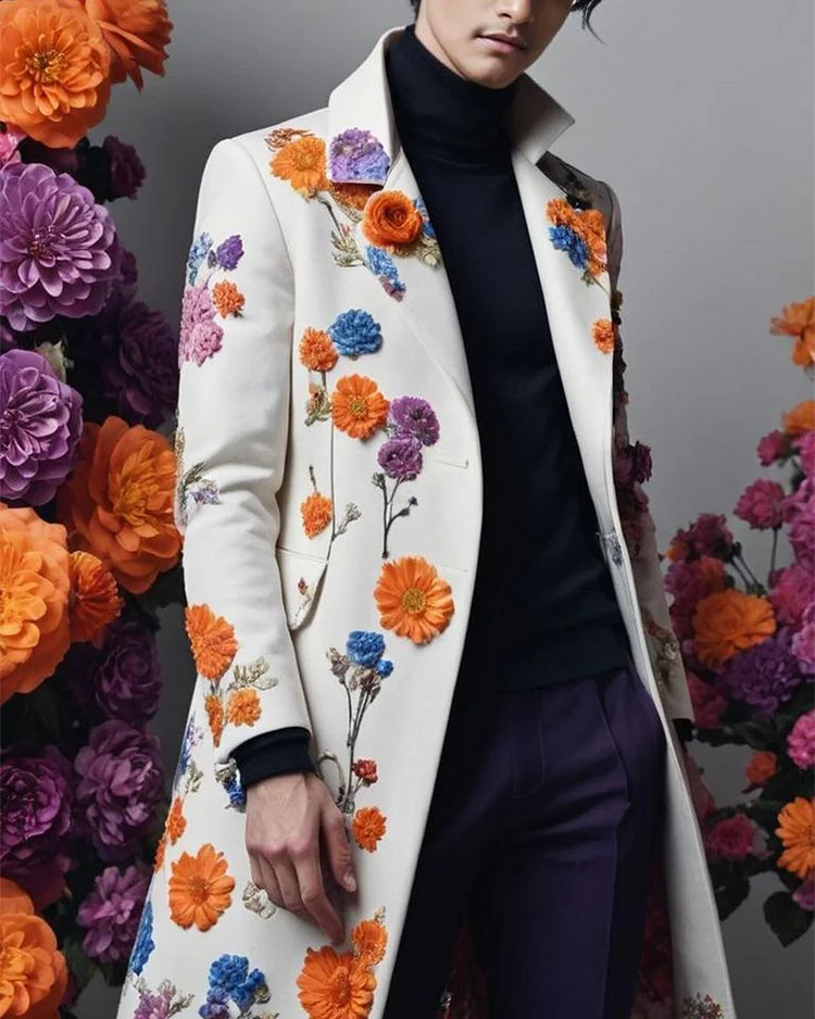 Men's Fashionable 3D Floral Long Sleeve Coat with Pockets