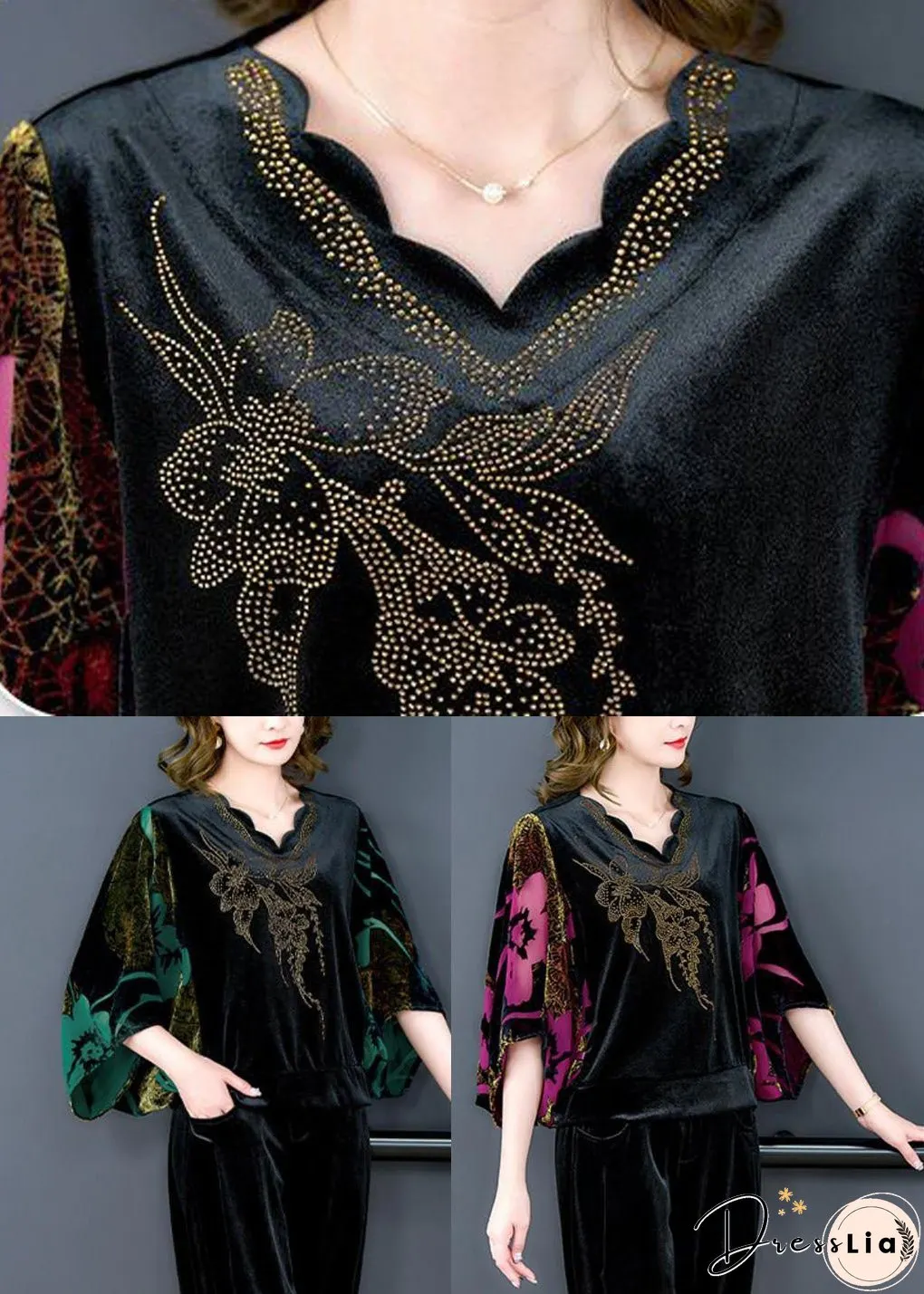 Rose Print Silk Velour Tops And Pants Two Pieces Set V Neck Batwing Sleeve
