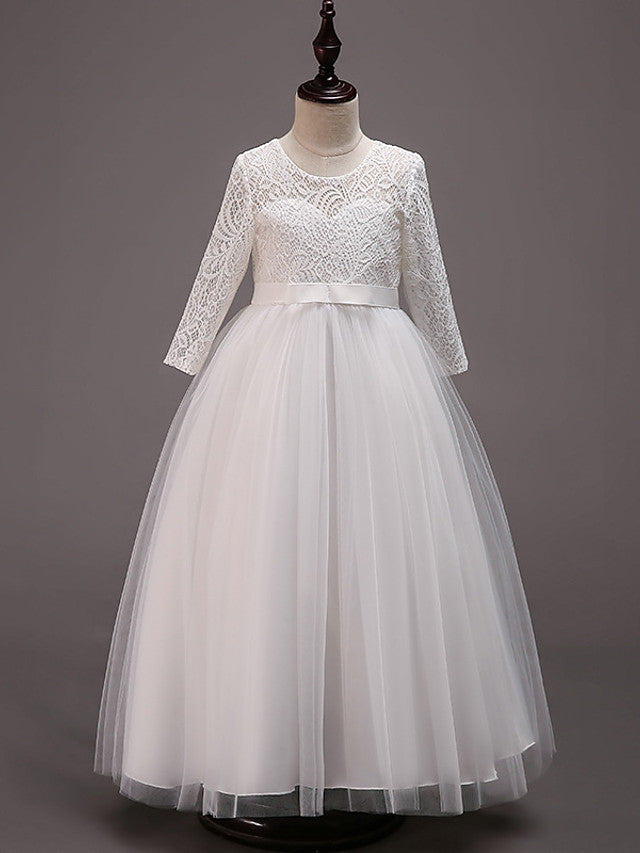 Oknass Half Sleeve Jewel Neck Floor Length Flower Girl Dress Lace Tulle  Cotton  With Lace  Belt