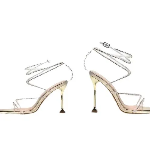 Breakj Breakj Summer New Square Drill Sandals Fine Heel High-Heeled High-Heeled Shoes Crystal Sexy With Roman Shoes