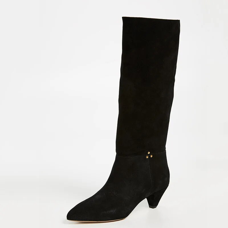 TAAFO Black Knee Long Boots High Cone Heels Pointed Toe Pull On Gold Rivet Ladies Women Shoes 