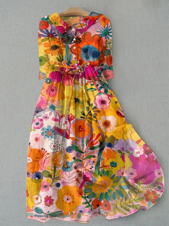 Bohemian Floral Art Print Casual Tie Dress